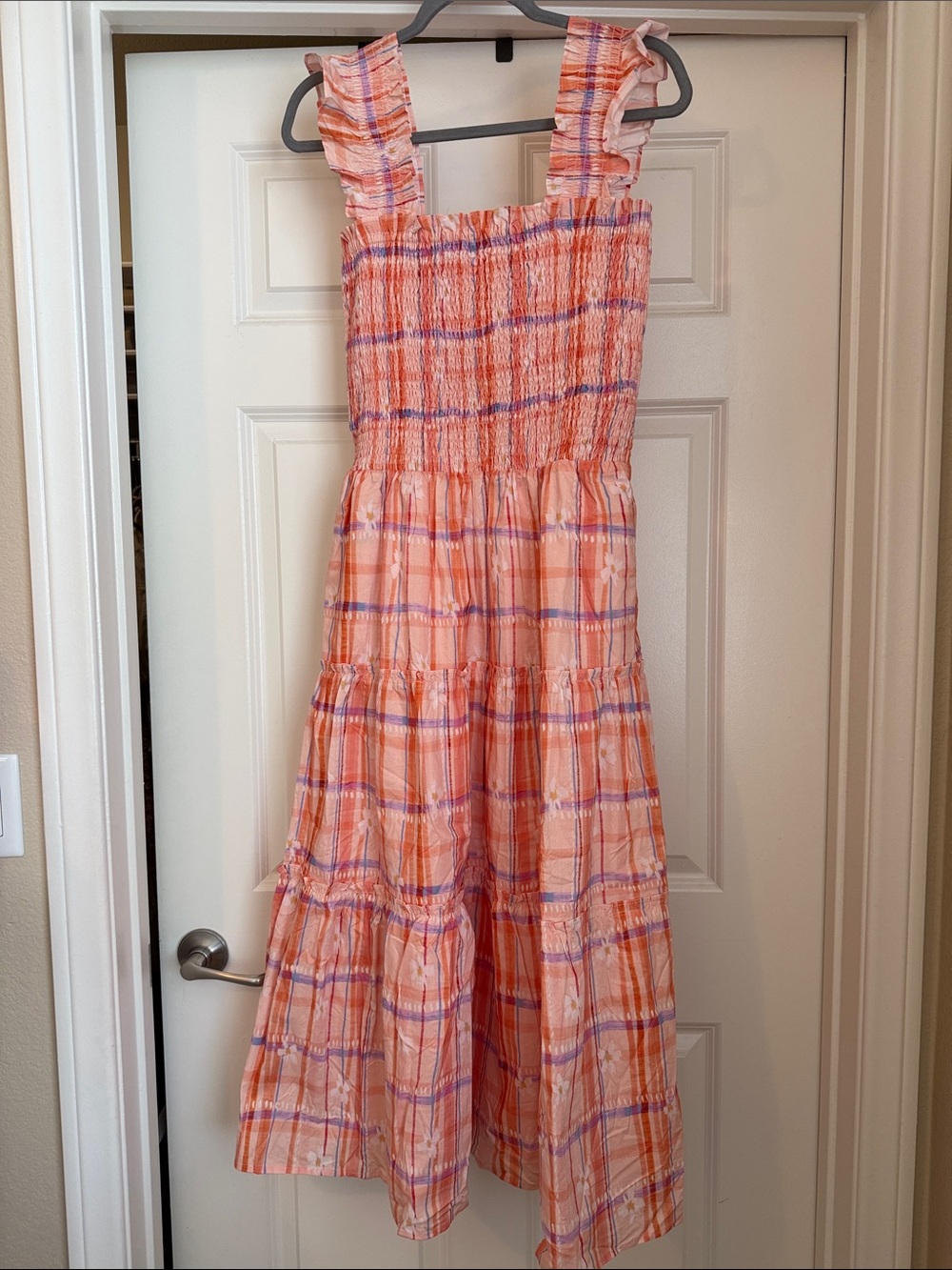 Peach Plaid Tiered Sundress with Ruffle Straps